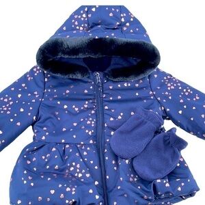 Rothschild Girl’s Blue Peplum Faux Fur Trim Hood Puffer Coat and Mittens 24M